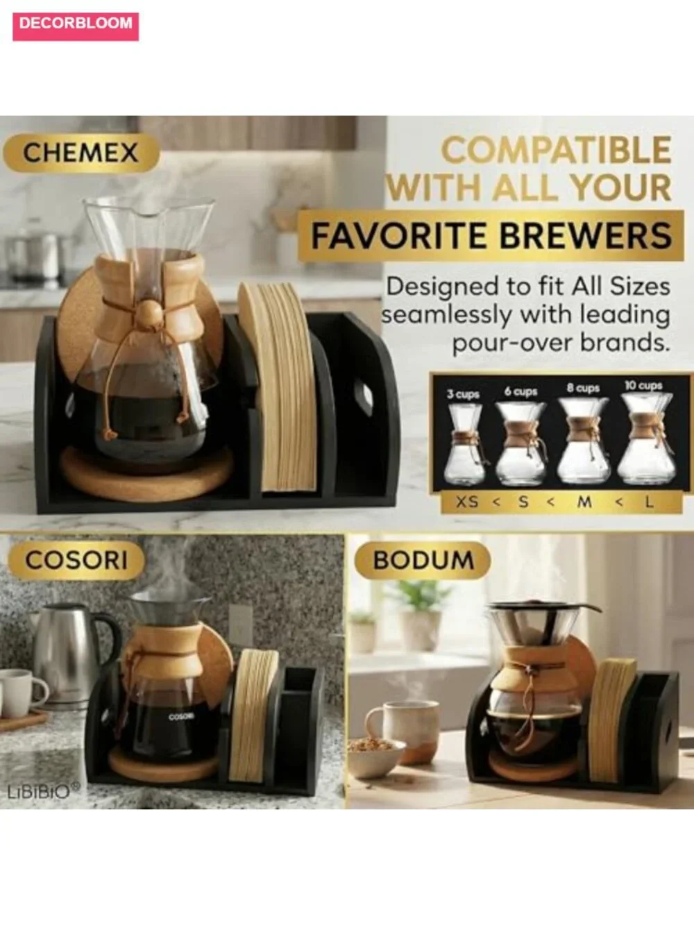 Chemex Caddy Coffee Filter Holder Organizer Black Bamboo